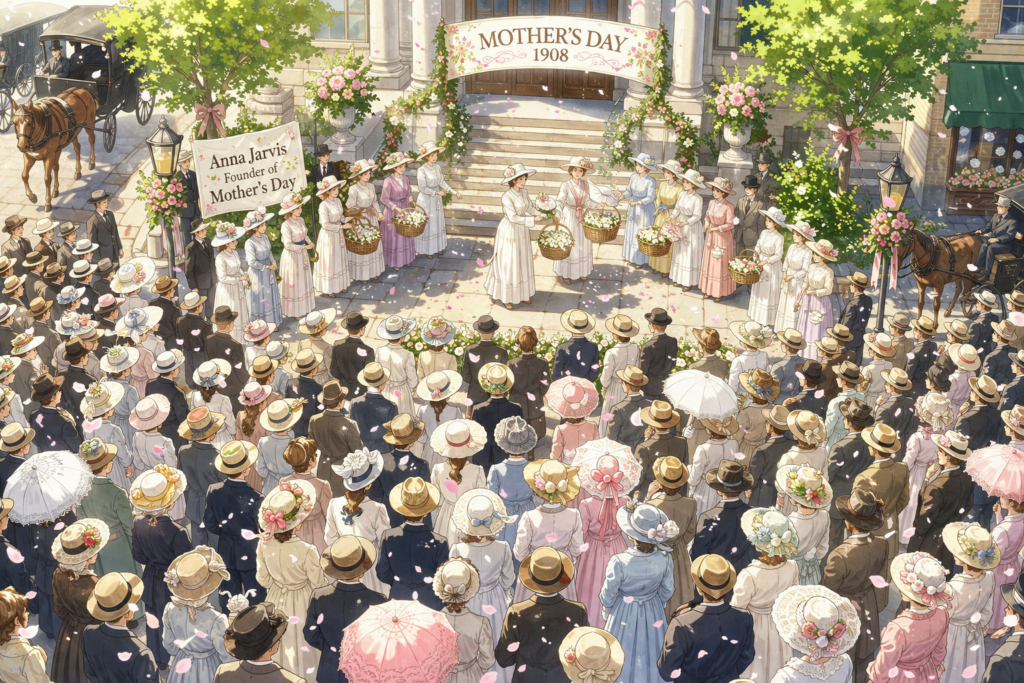 母の日を広めたアンナ・ジャービスが1908年の式典で白いカーネーションを配ってる様子