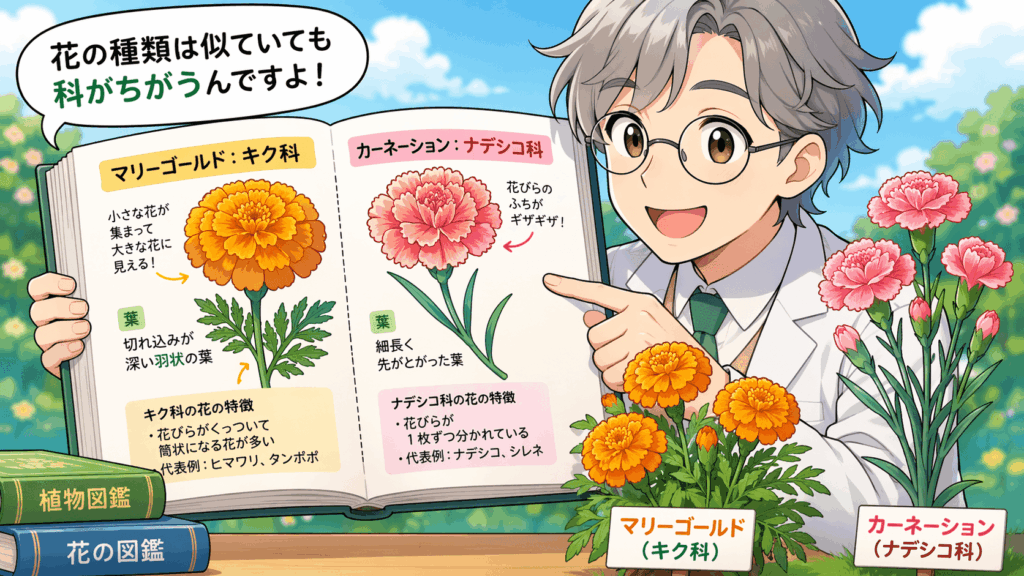 マリーゴールドはキク科、カーネーションはナデシコ科