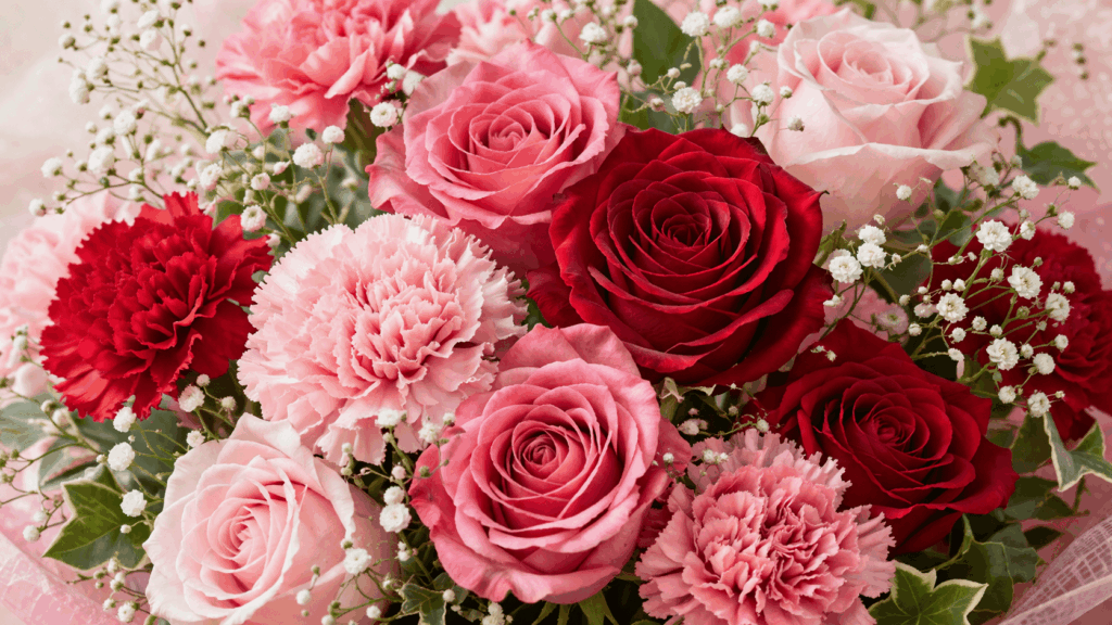 カーネーションにバラを足した花束